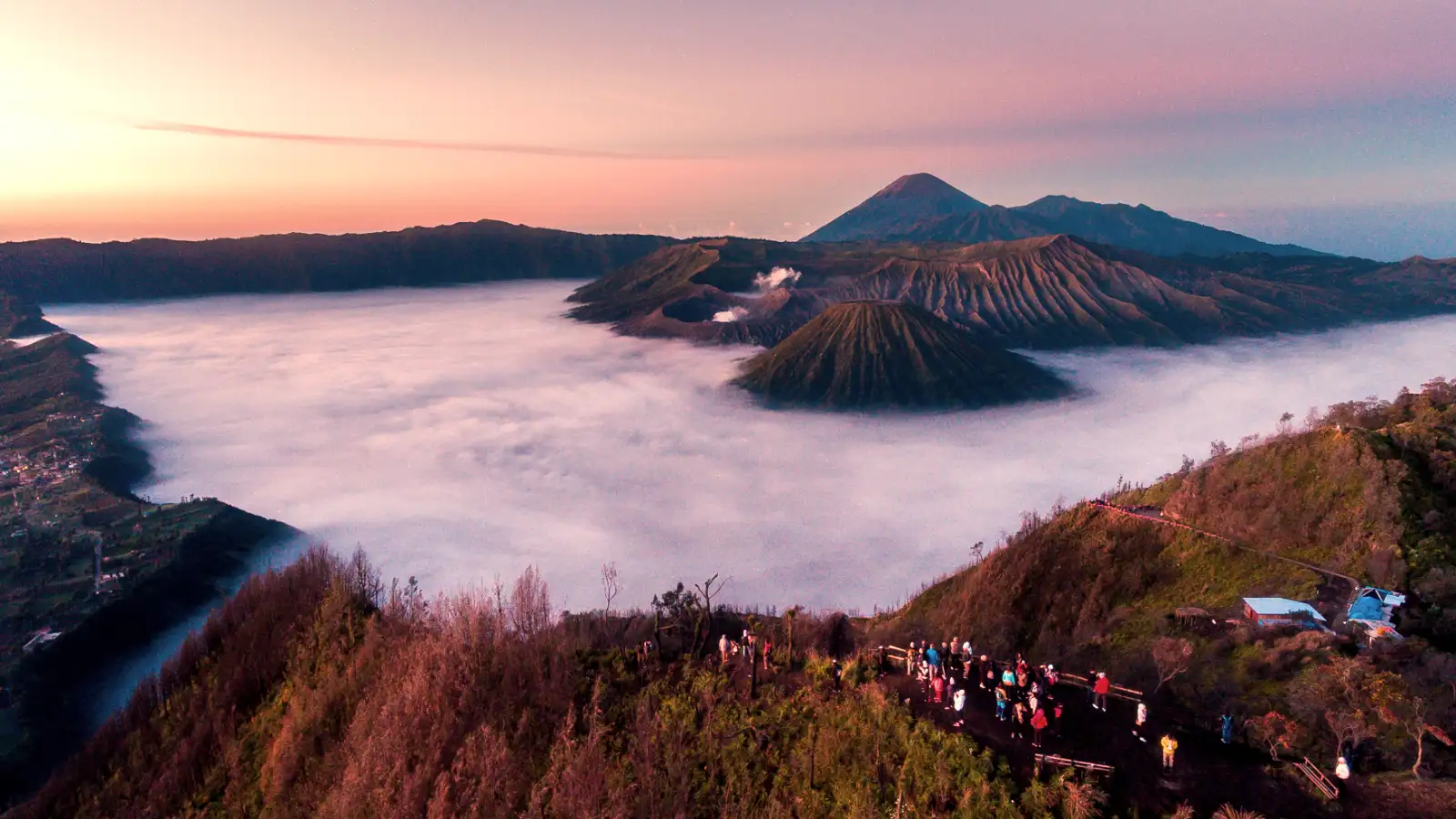 Aerial view of Bromo Tengger Semeru National Park landscape at sunrise