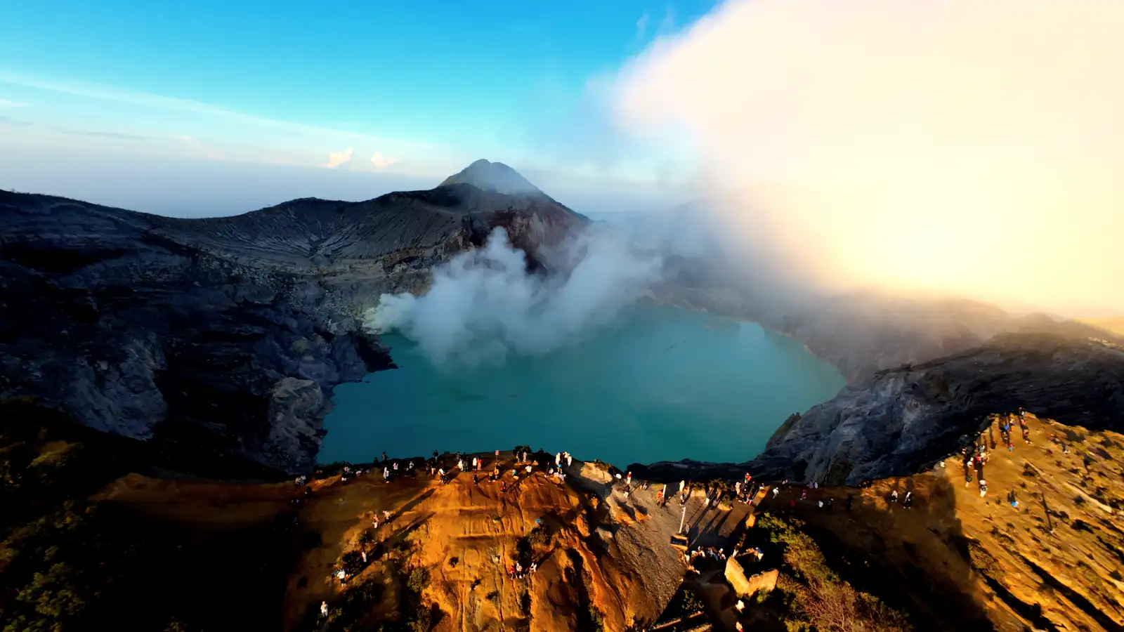 Aerial view of the turquoise volcanic acid lake at Kawah Ijen Crater in East Java