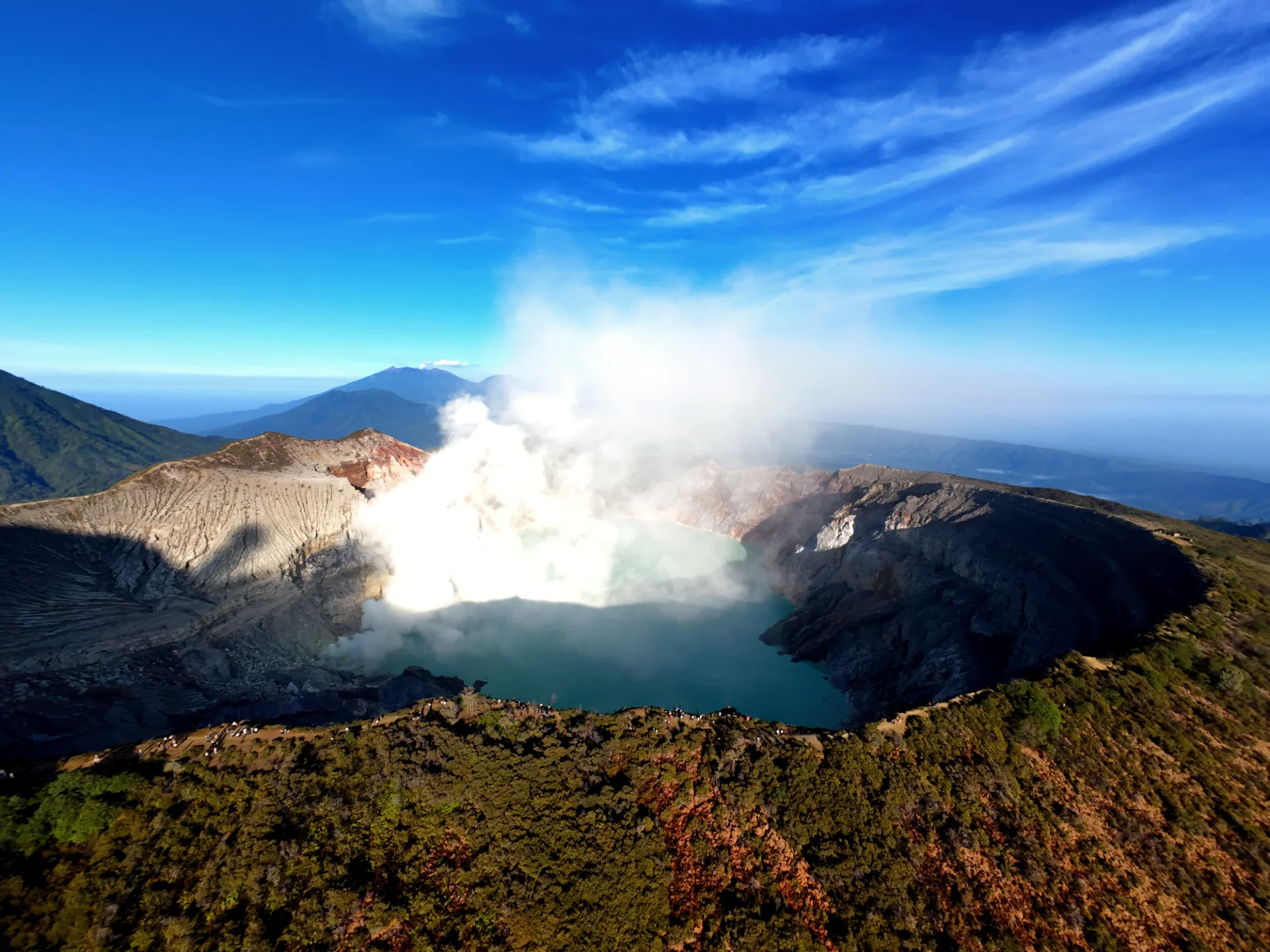 The rugged terrain of the Ijen caldera Hiking trail and landscape of the Ijen volcanic complex