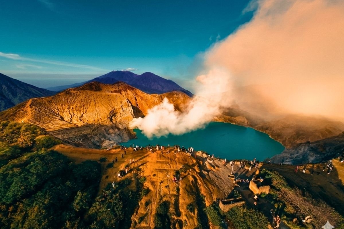 Ijen Crater Volcanic Gas Movement Thick volcanic sulfur gas rising from the vents of Ijen Crater at night