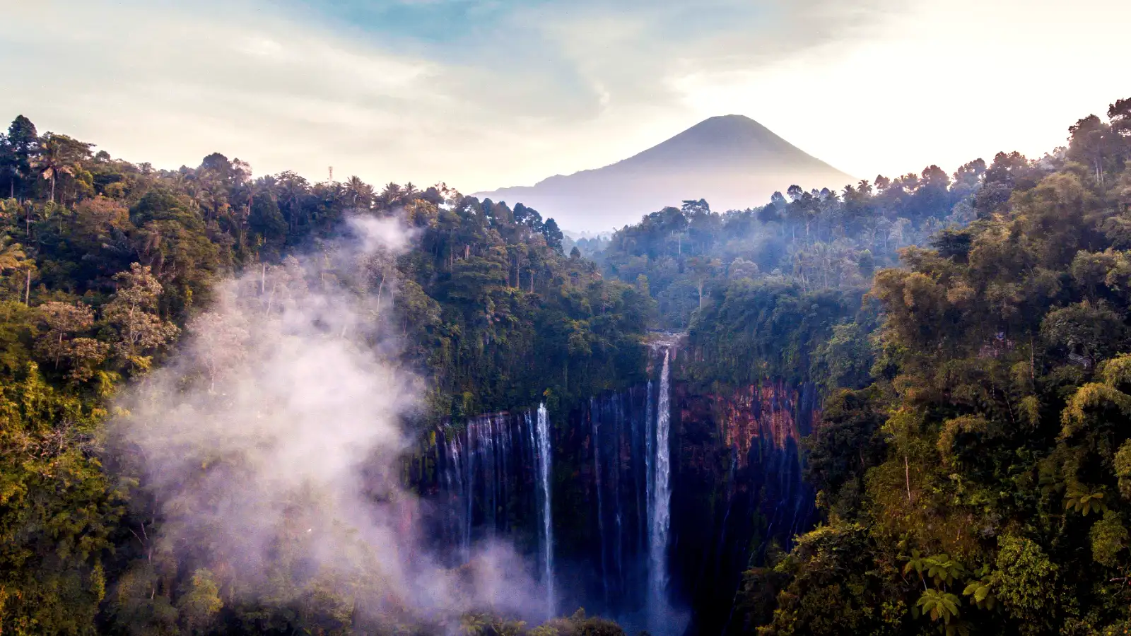 Aerial view of Tumpak Sewu Waterfall in East Java