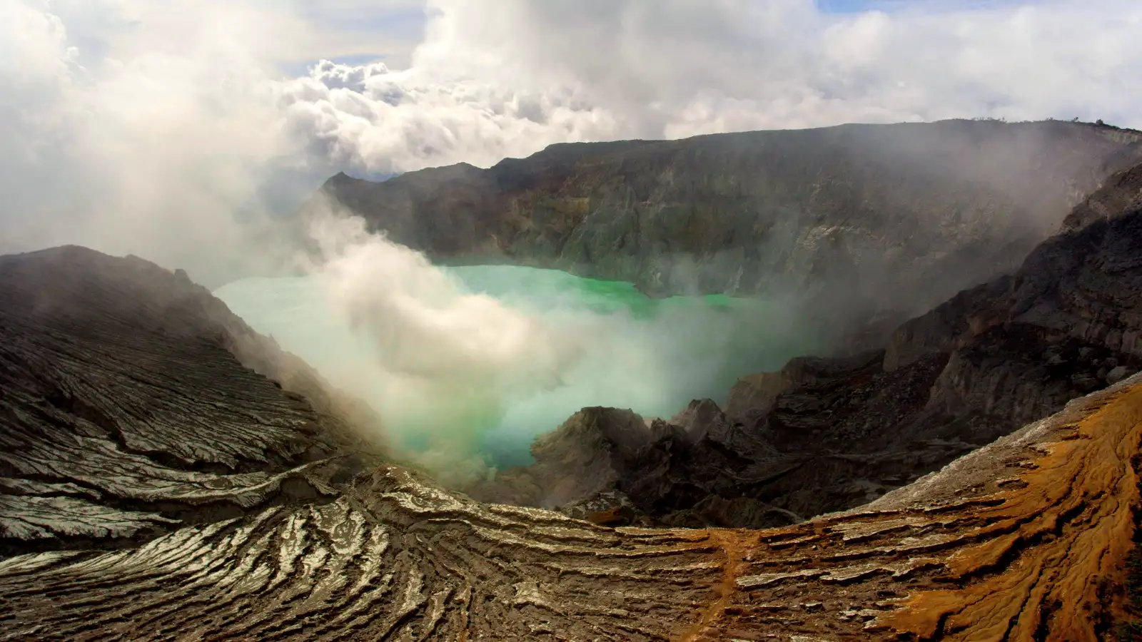 Wide panoramic view of the massive Ijen Caldera rim and volcanic landscape