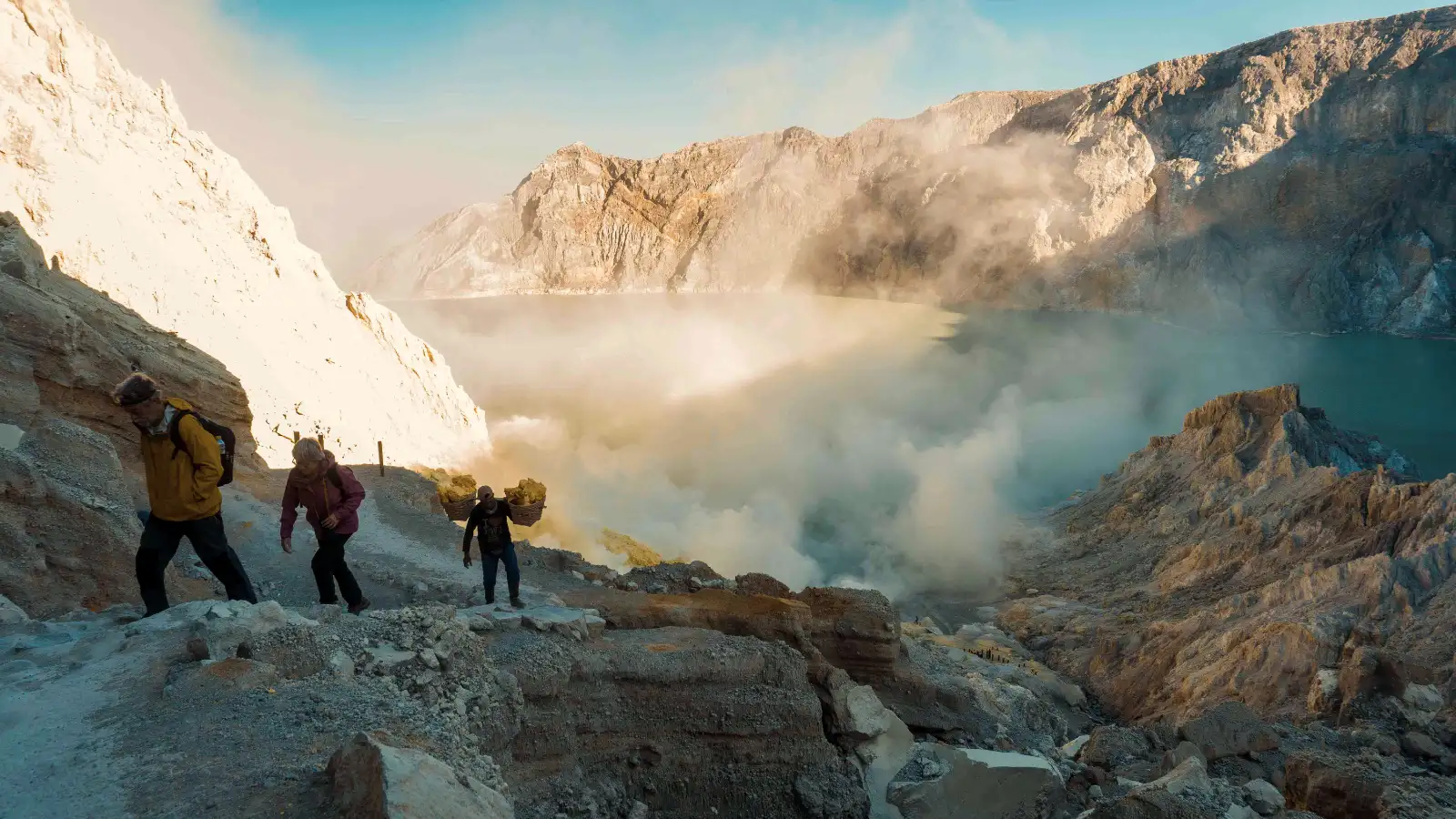 Ijen Crater Sunrise Panorama Stunning sunrise view of the turquoise acid lake at Ijen Crater East Java
