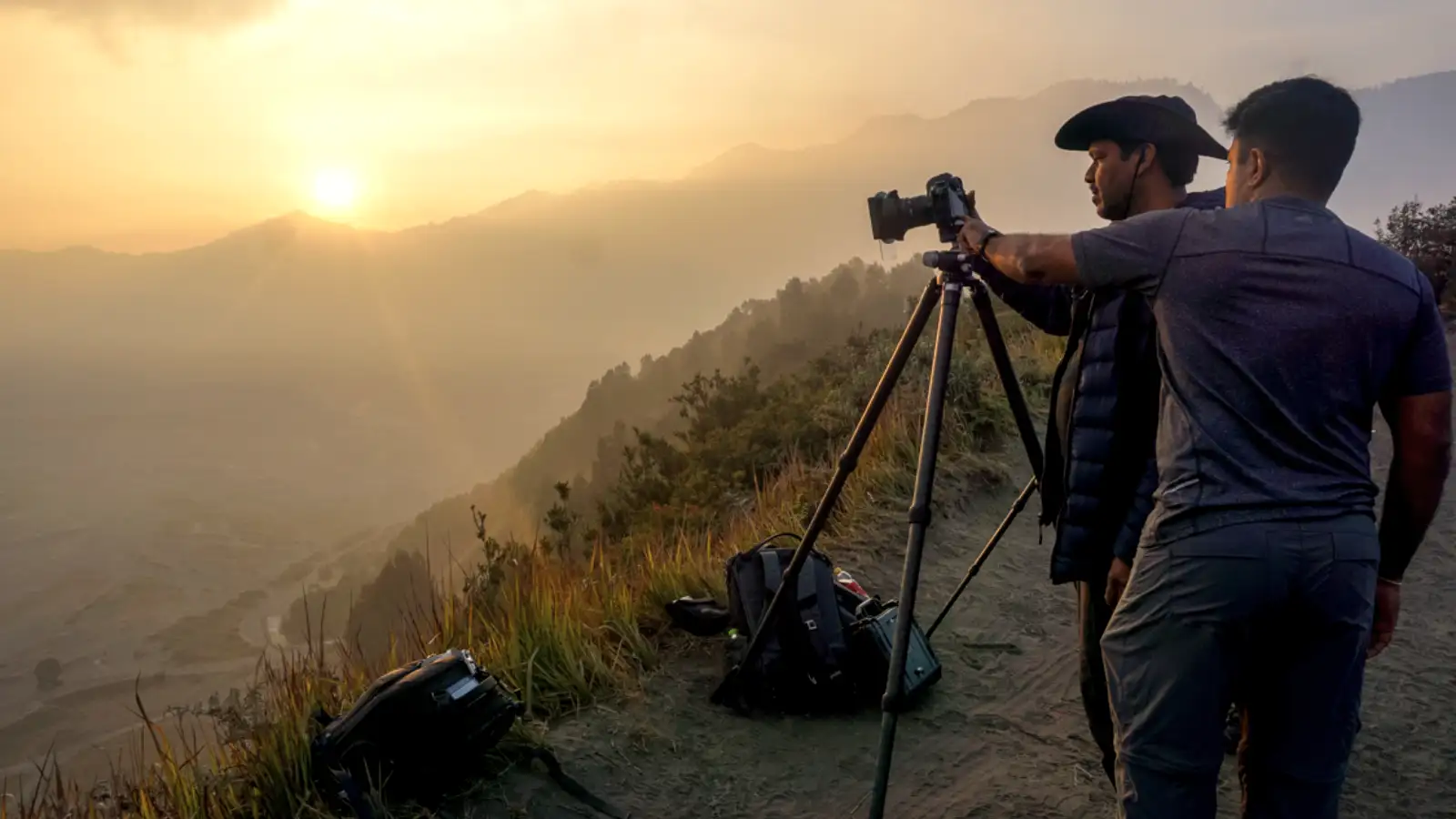 Panoramic view of the Bromo caldera with Mount Batok and the smoking crater