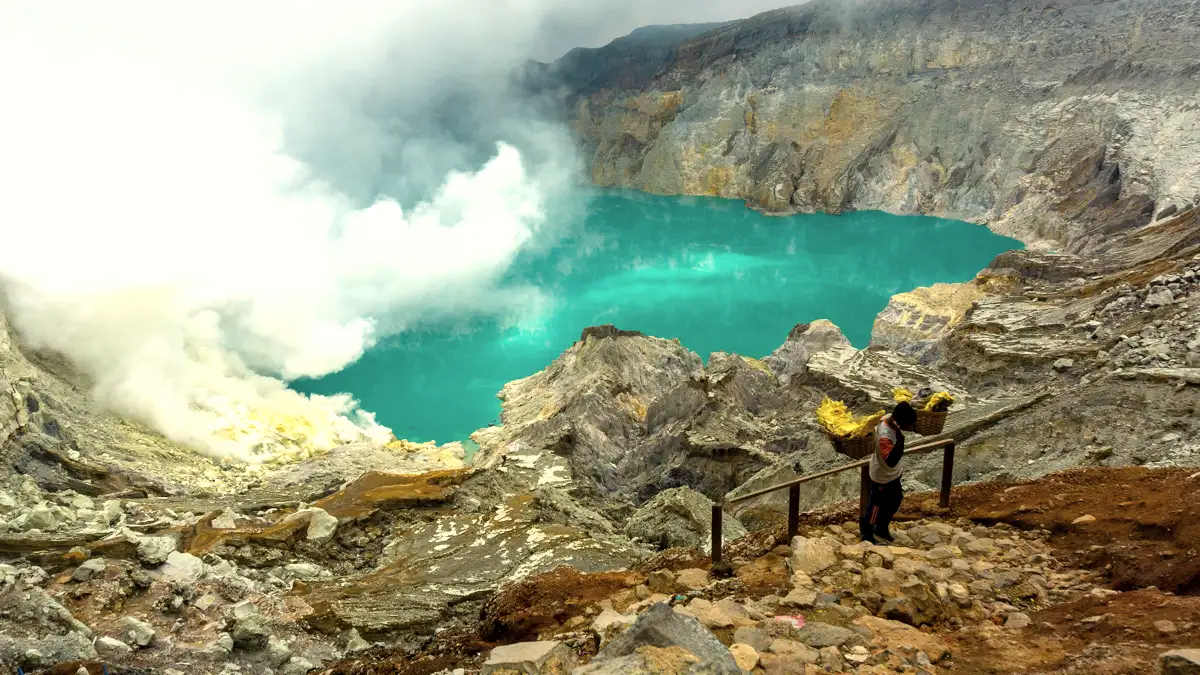 Ijen Crater Path View Hiking path to Ijen Crater with view of the turquoise acidic lake